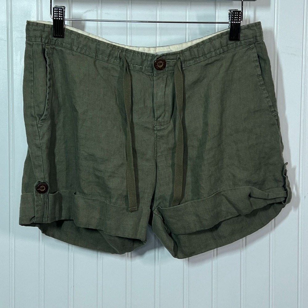 Old Navy Shorts Beachy Soft Girl Mid Rise 100 Linen Tie Waist Cuffed Olive Green